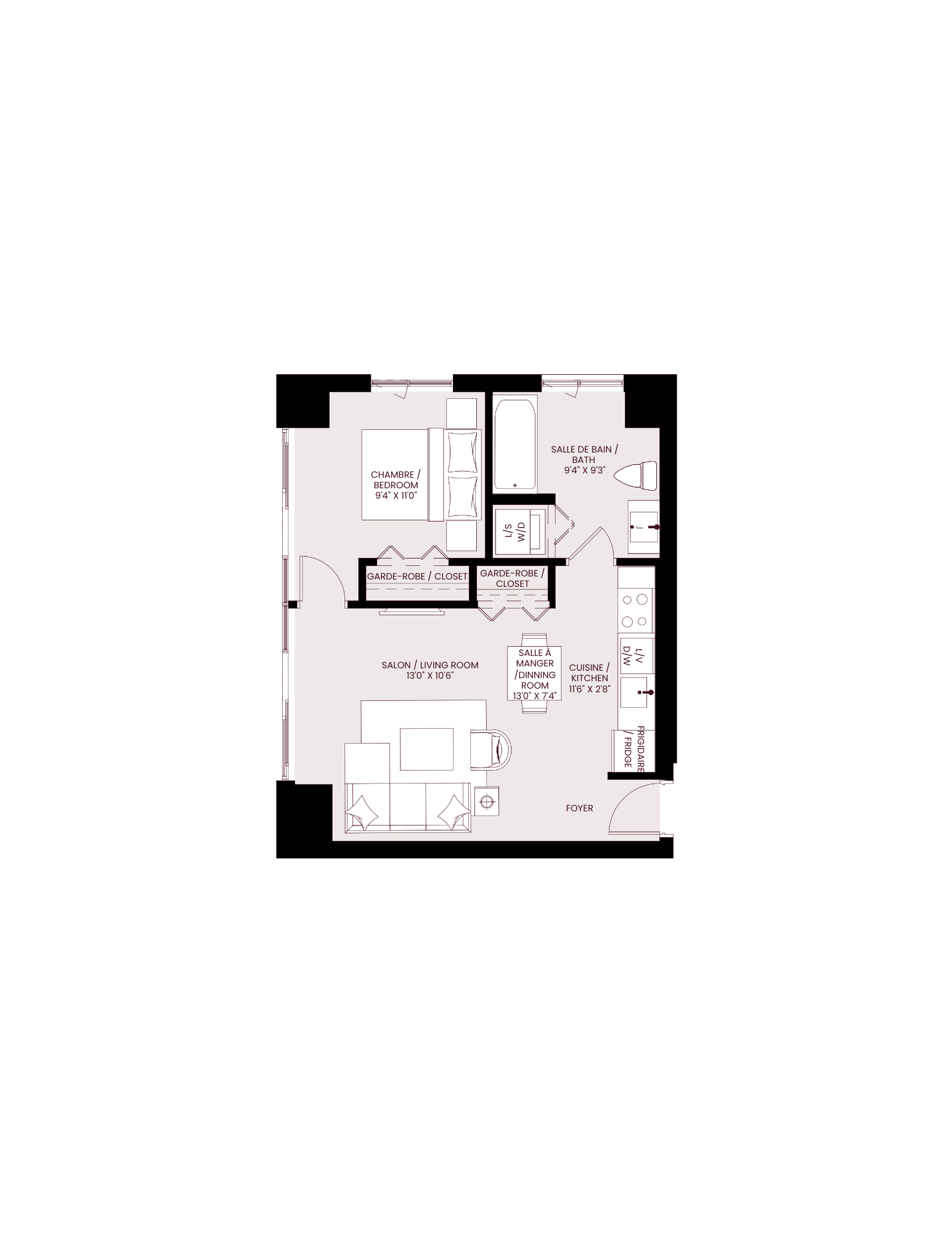 Floor plan for 1 bed, 1 bath, 576 sqft
